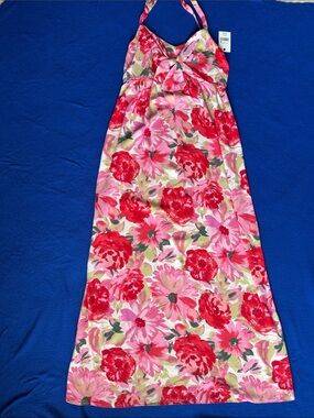 Floral Pink & Red Maxi Dress - Sleeveless Halter Summer Dress